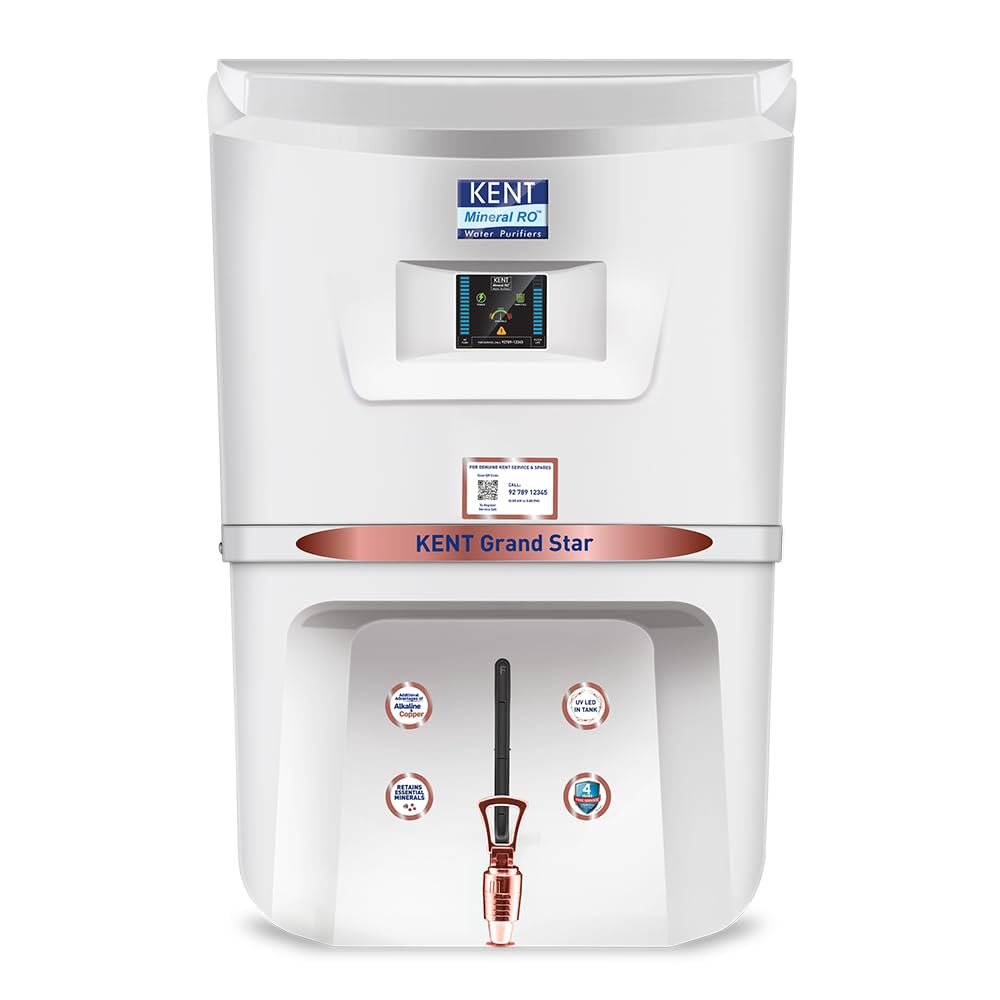 KENT Grand Star RO Water Purifier | RO+UV+UF+Alkaline+Copper+TDS Control+UV LED Tank | .0001 Micron RO Membrane | Auto Flush Feature | 9L Tank | 20 LPH | Ideal for Borewell/Tanker/Municipal Water