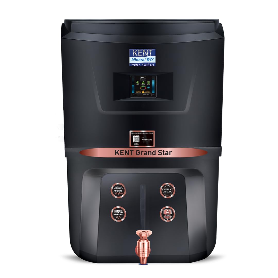 KENT Grand Star RO Water Purifier | RO+UV+UF+Alkaline+Copper+TDS Control+UV LED Tank | .0001 Micron RO Membrane | Auto Flush Feature | 9L Tank | 20 LPH | Ideal for Borewell/Tanker/Municipal Water