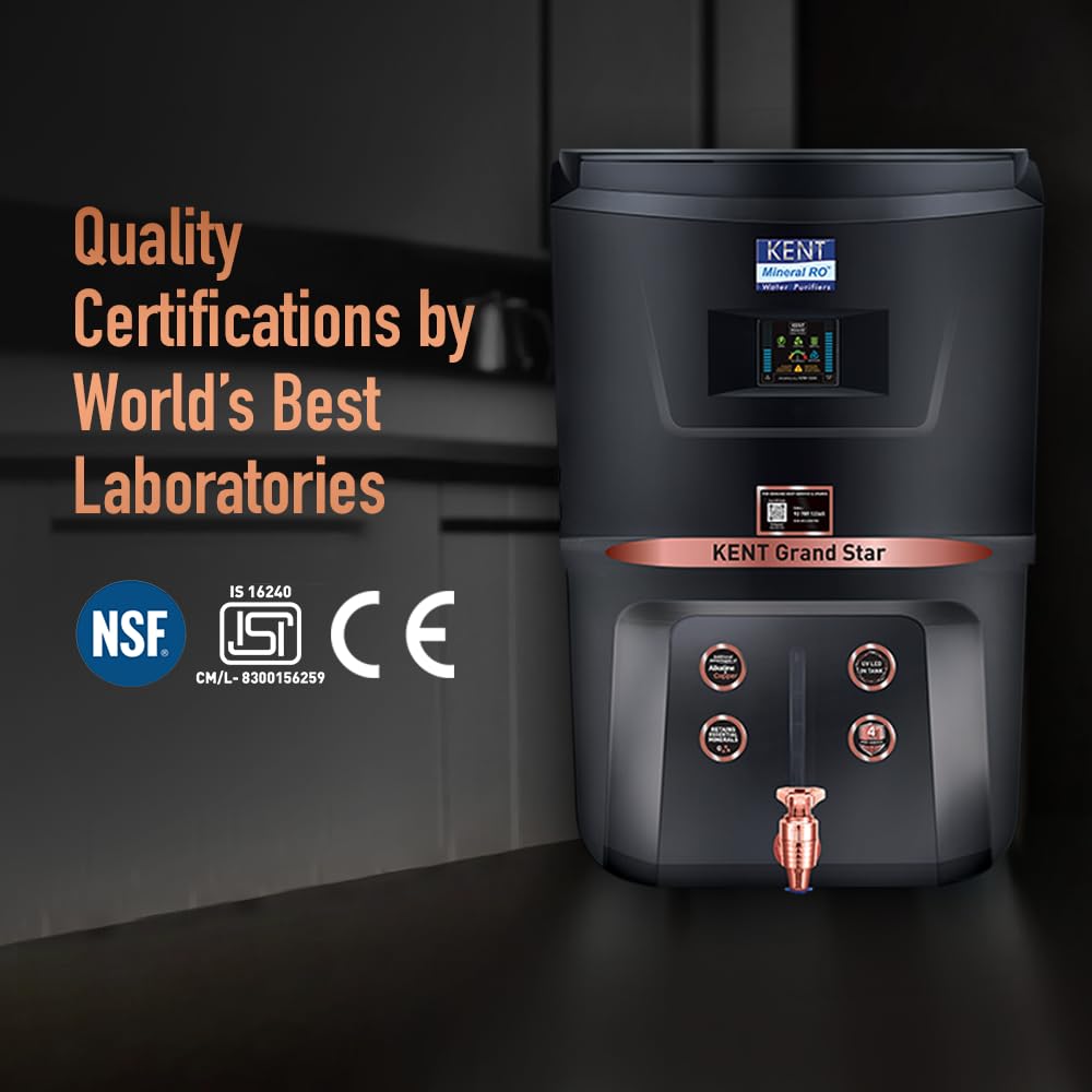 KENT Grand Star RO Water Purifier | RO+UV+UF+Alkaline+Copper+TDS Control+UV LED Tank | .0001 Micron RO Membrane | Auto Flush Feature | 9L Tank | 20 LPH | Ideal for Borewell/Tanker/Municipal Water