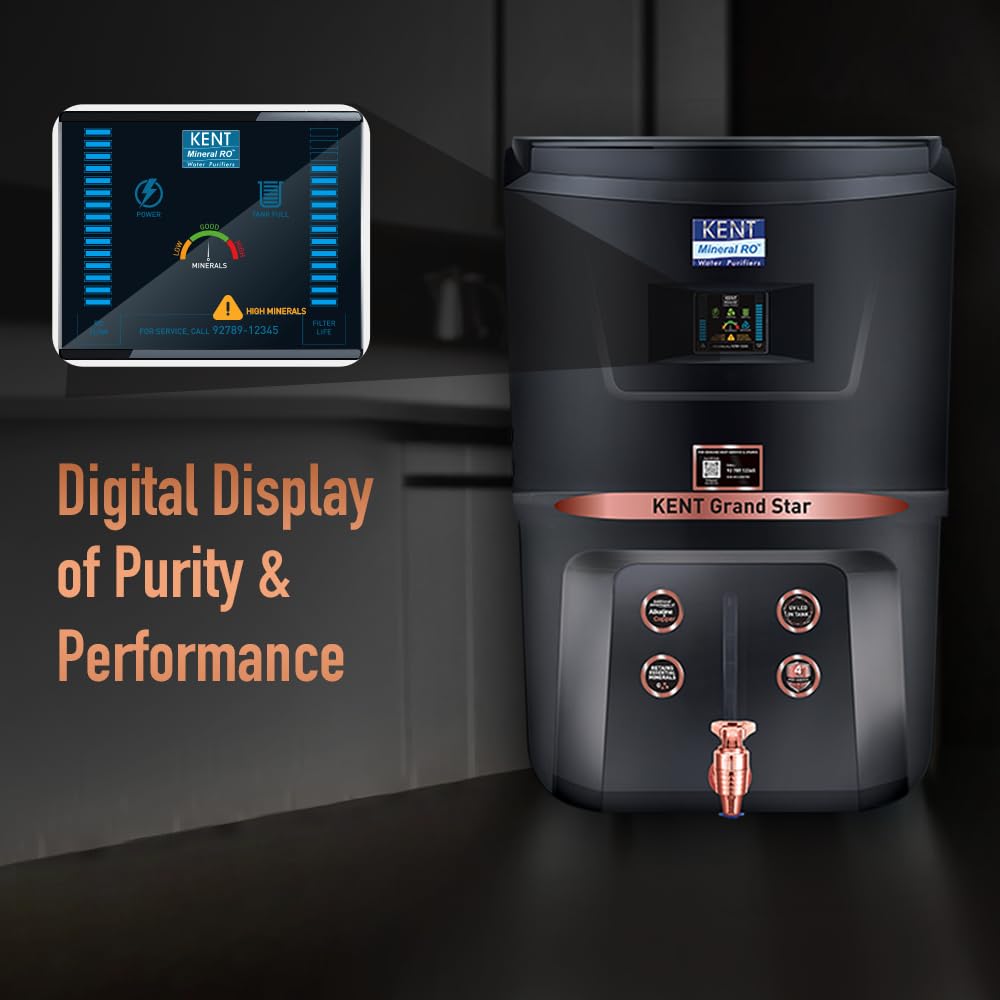 KENT Grand Star RO Water Purifier | RO+UV+UF+Alkaline+Copper+TDS Control+UV LED Tank | .0001 Micron RO Membrane | Auto Flush Feature | 9L Tank | 20 LPH | Ideal for Borewell/Tanker/Municipal Water