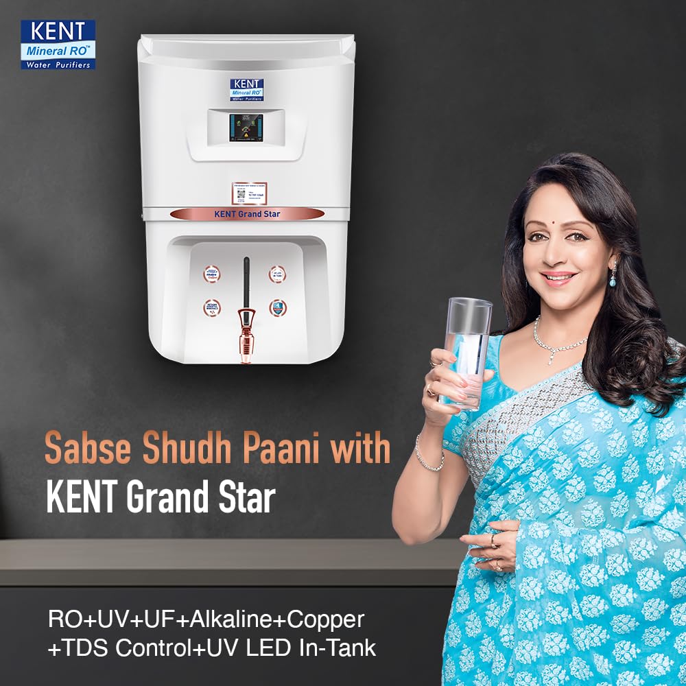 KENT Grand Star RO Water Purifier | RO+UV+UF+Alkaline+Copper+TDS Control+UV LED Tank | .0001 Micron RO Membrane | Auto Flush Feature | 9L Tank | 20 LPH | Ideal for Borewell/Tanker/Municipal Water